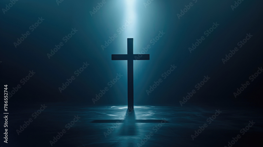 A dramatic image of a cross highlighted by a spotlight in a darkened environment, symbolizing faith and hope.
