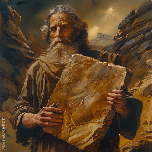 Moses holds a tablet with the ten commandments, Catholic religion photo