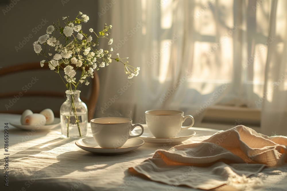 Morning breakfast set, featuring soft lighting and cozy atmosphere, Sunlit tabletop setting with two steaming cups, book, and vase of fresh flowers, offers sense of calm and comfort. Morning breakfast set, featuring soft lighting and cozy atmosphere, Sunlit tabletop setting with two steaming cups, book, and vase of fresh flowers, offers sense of calm and comfort.