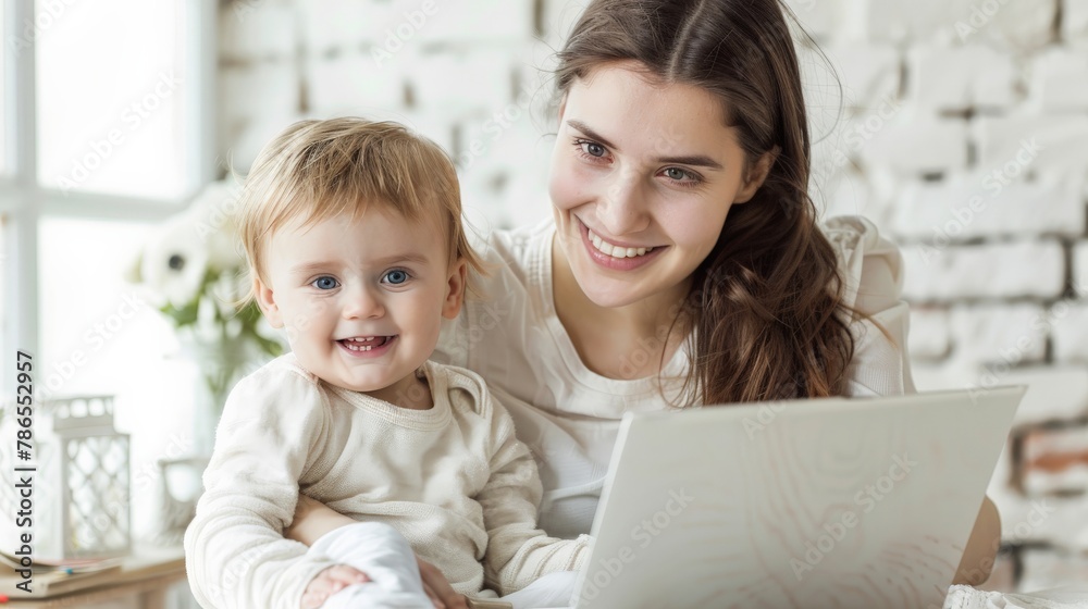 A mother and cute daughter spend time at home chatting online with her husband together.
A mother and cute daughter spend time at home chatting online with her husband together.