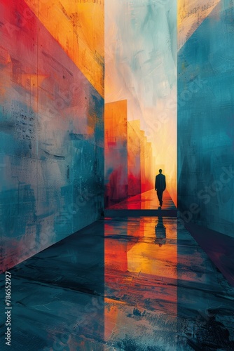 Blue and orange gradient painting of a lonely man.