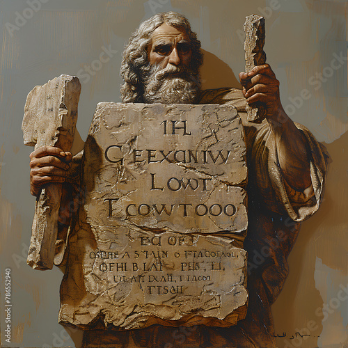 Moses holds a tablet with the ten commandments, Catholic religion photo