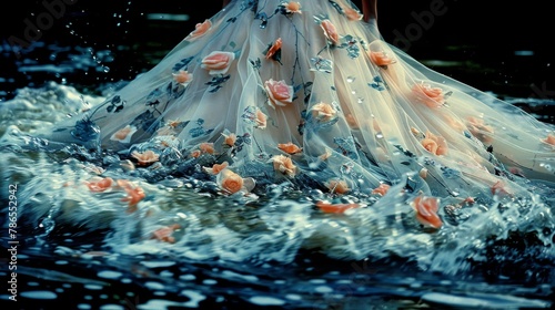 Whimsical pattern of a dancer dress flowing into a river, blending water and fabric, surreal performance art