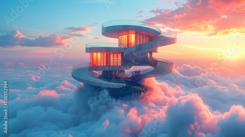 Absurd architecture, spiral staircase leads to nowhere, house built upside down on a cloud, evening sky backdrop photo