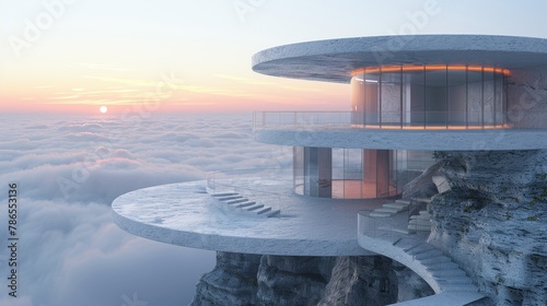 A surreal scene unfolds, an upside down house on a cloud, with a spiral staircase to nowhere against the evening sky