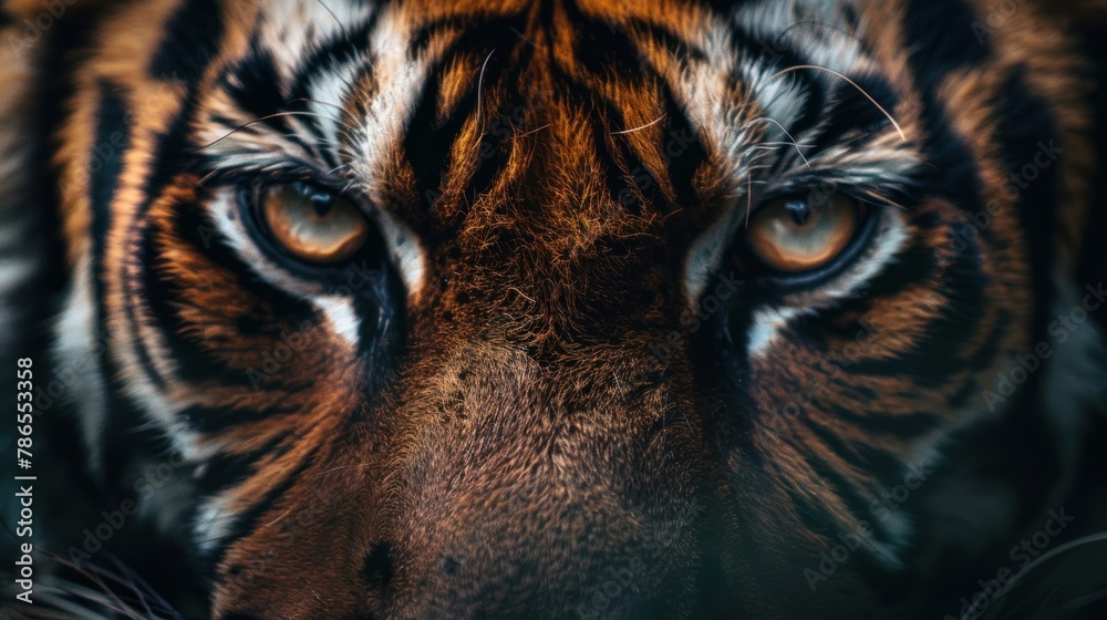 Closeup portrait detailed of tiger head striped with eyes dangerous animal. AI generated image