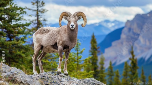 Portrait a standing ram bighorn sheep on the rock hill mountain landscape background. AI generated