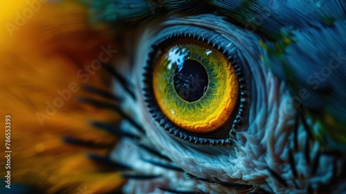 Closeup detail a beautiful yellow eye of parrot bird with blue feathers in macro view. AI generated photo