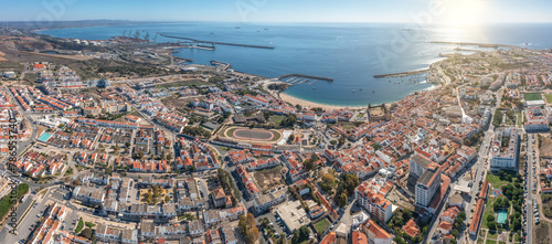 Panoramic aerial view taken by drone of the coastal town of Sines Alentejo Portugal. On a bright sunny day.