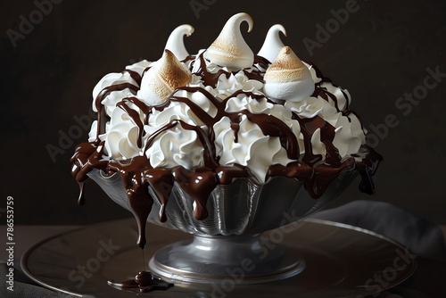 Alexiefsky style digital art of the most delicious looking ice cream sundae you can imagine with dripping chocolate and white whipped cream, meringue kisses on top, dark background, high contrast, hyp photo