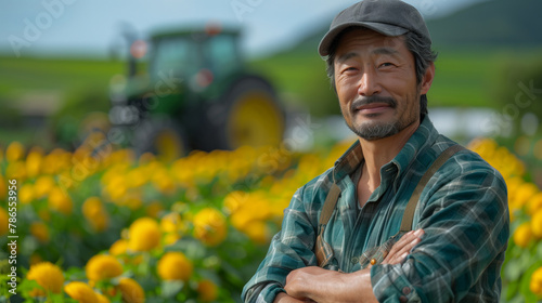 A asian man wearing a plaid shirt and hat stands in front of a tractor. He is smiling and he is proud of the tractor. a asian man farmer of his brand new tractor, dressed as a modern farmer