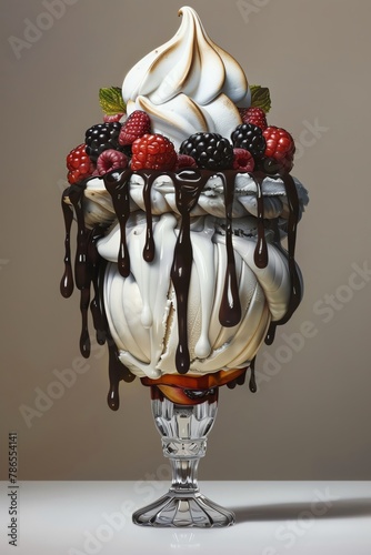 An awardwinning hyperrealistic digital painting of Alexandrias Fairy Dresden ice cream sundae, showcasing the artistic combination between meringue and chocolate sauce The vanilla icicle stands tall w photo