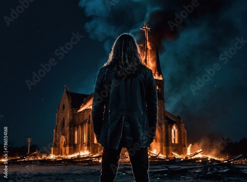 Man stands in the background of a flaming church 