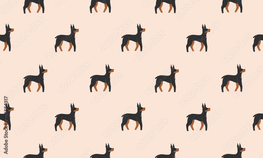 Seamless pattern with Cute Dobermann. Dogs of different breeds. Side view. Flat Vector illustration 
