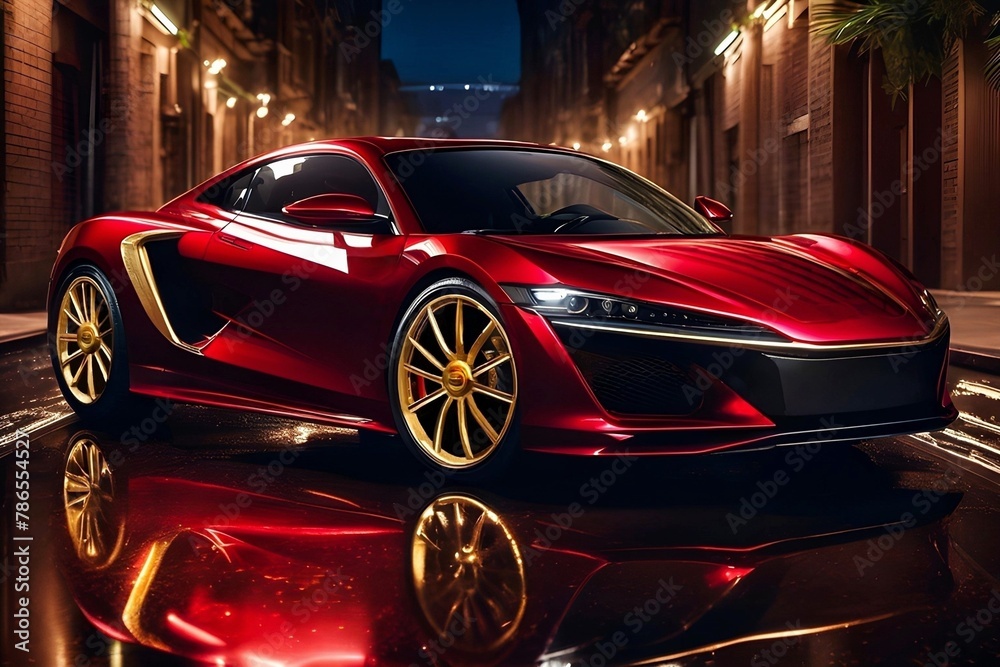 Red sports car model beautiful design, golden wheels, dark alley with dim lights buildings, copy space