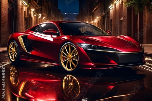 Red sports car model beautiful design, golden wheels, dark alley with dim lights buildings, copy space © Jeevana