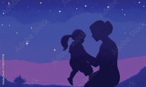 Happy Mother   s Day silhouette  illustration  Mom hugs her children with happy Mom s day love  concept of World teacher   s day and International Women s Day.
