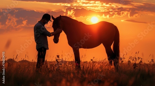 Silhouette of man holding her lovely horse on meadow at golden sunset view background. AI generated