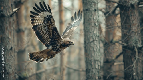 Portrait of a buzzard flying with spread wings between trees in the forest. AI generated