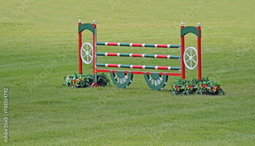 A Colourful Wooden Show Jumping Obstacle Fence.