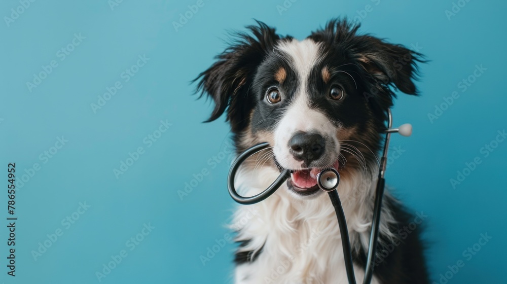 Purebred pet dog puppy holding stethoscope in mouth on blue background. AI generated image