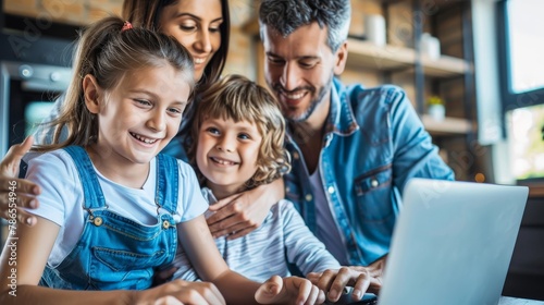parens and Two Children Engrossed in Laptop.