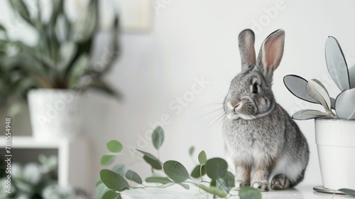 Portrait a funny cute gray bunny pets animal on a white background. AI generated image © MUCHIB