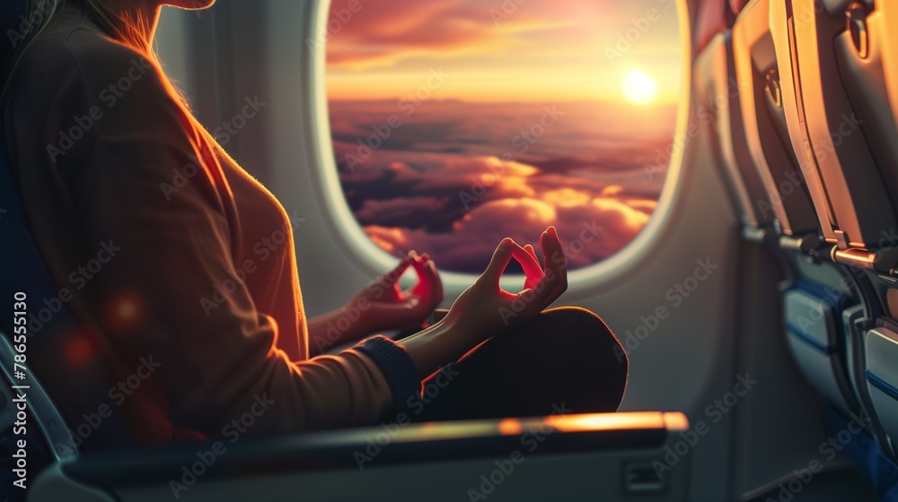An image depicting the concept of flight anxiety, showcasing a nervous passenger on an airplane using relaxation techniques to overcome their fear of flying. - obrazy, fototapety, plakaty 