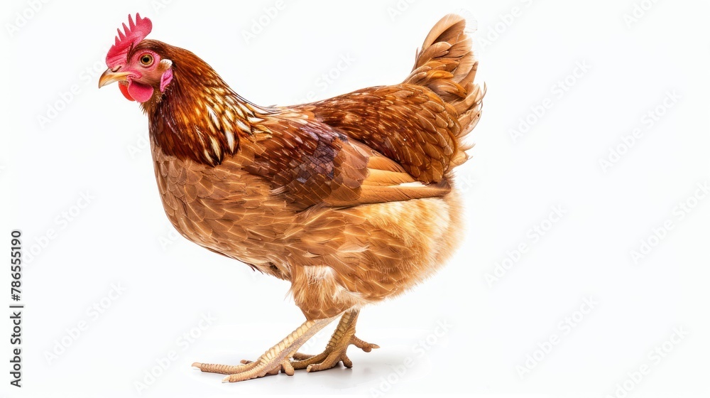 A huge brown chicken hen farm animal standing alone on white background. AI generated image