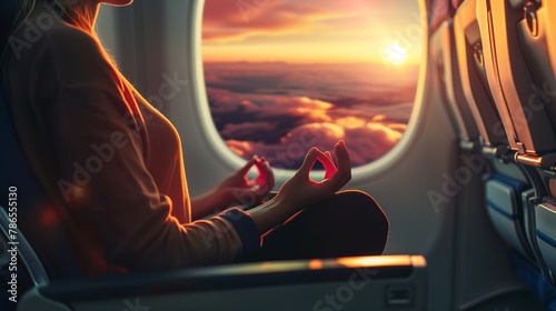 An image depicting the concept of flight anxiety, showcasing a nervous passenger on an airplane using relaxation techniques to overcome their fear of flying. © TensorSpark