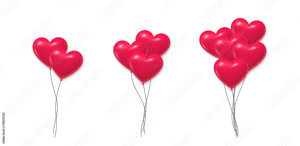 Heart shaped balloons set. Red glossy balloon with ribbons. Festive decoration element for Valentine day or Wedding. Romantic anniversary celebration balloons. Isolated on white background. Vector