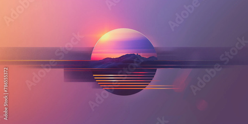 Surreal geometric landscape background. Purple and pink colors. Abstract horizontal geometric wallpaper. Cyberpunk vaporwave style. Raster bitmap digital illustration. AI artwork. 