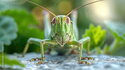 Close up of grasshopper on green leaf. Macro shot. © taraskobryn