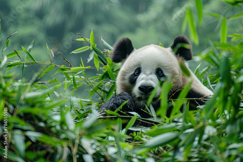 Panda bear resting in the middle of a dense  green forest with bamboo thickets