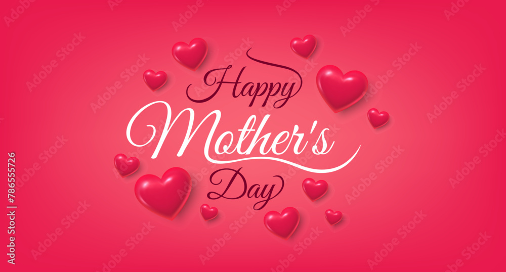 Mother's day greeting card. Banner with flying red hearts. Mother's day holiday background. Love mom hand drawn lettering and calligraphy with cute 3d hearts. Greeting card. Vector illustration