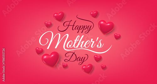 Mother's day greeting card. Banner with flying red hearts. Mother's day holiday background. Love mom hand drawn lettering and calligraphy with cute 3d hearts. Greeting card. Vector illustration