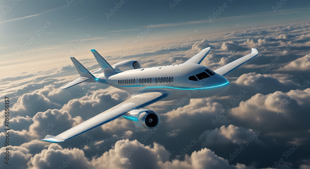 Obraz premium A futuristic hydrogen powered airplane or aeroplane flying over and above the clouds, representing the next generation of sustainable air travelling, neon