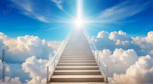 A large Stairway steps to heaven Religion background, Stairway to light in spiritual fantasy. Path to the sky and clouds. God light., sunlight