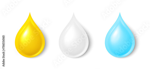 Drop of oil, cream and water. Golden drop honey, liquid vitamin, machine oil, cosmetic or milk vitamin white bubble. Coconut milk drop, water droplet, fish oil. On white background. Vector