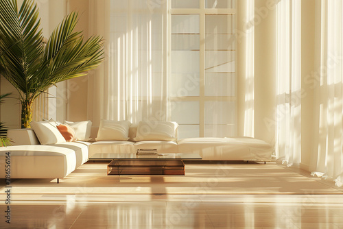 spacious, elegant, contemporary, and light-filled interiors living room mockup illustration produced digitally by a 3D rendering machine. photo