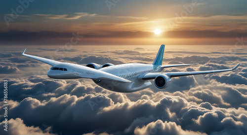 A futuristic hydrogen powered airplane or aeroplane flying over and above the clouds, representing the next generation of sustainable air travelling, 