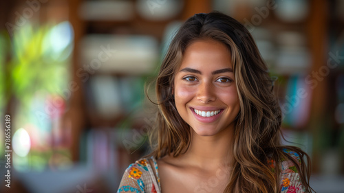 A latin hispanic woman with long brown hair is smiling and wearing a necklace. She is surrounded by other people, but the focus is on her. latin hispanic woman studying with a smile