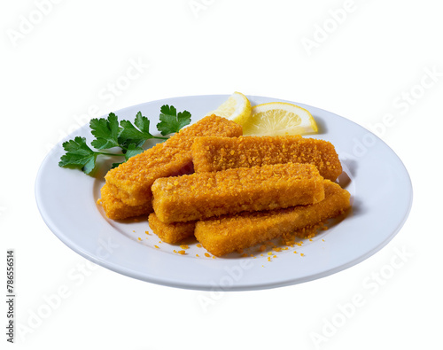 Fish fingers in a plate isolated on white background. Crispy breaded deep fried fish fingers with breadcrumbs on a plate isolated .
