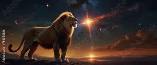 "Leo sparks cosmic blaze, symbolizing creativity and inspiration, illuminating the cosmos." A Digital Artwork ar 2:39:1.