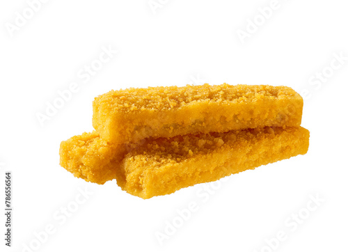 Crispy golden fried fish fingers sticks isolated on white background.