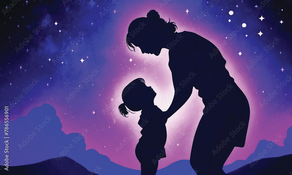 Happy Mother’s Day silhouette  illustration, Mom hugs her children with happy Mom's day love ,concept of World teacher’s day and International Women's Day.