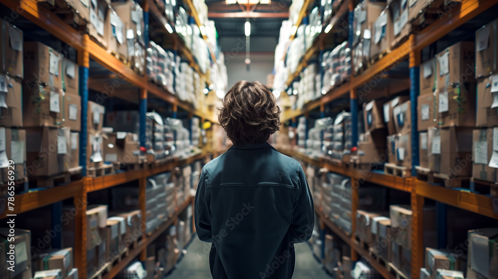A person in a stockroom inspecting inventory