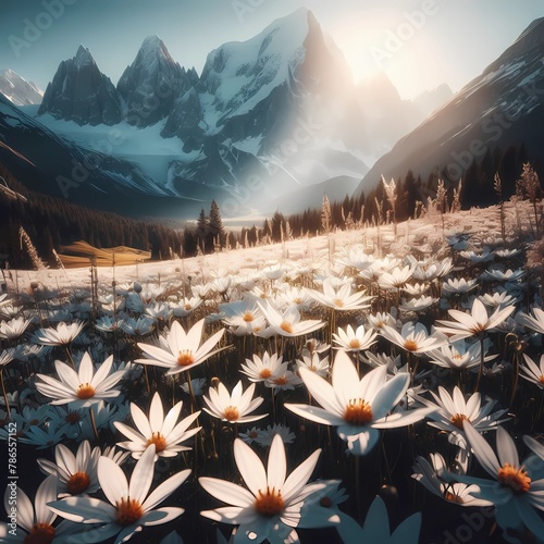 Serene Alpine Meadow with Blooming White Flowers Overlooking Majestic Snow-Capped Mountains at Sunset photo