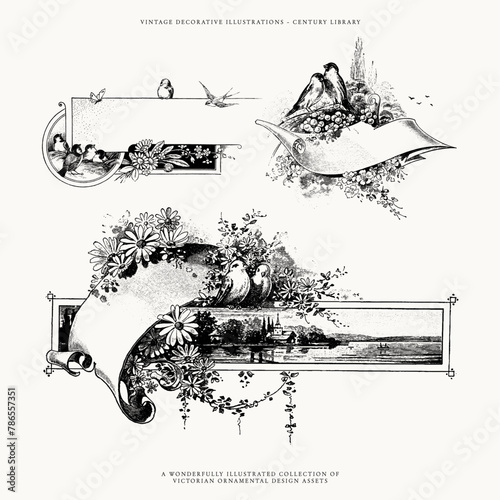 Vintage Scroll and Birds Clipart - Vector Designs for Invitations and Design Projects (ID: 786557351)