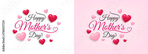 Mother's day greeting card. Banner with flying pink hearts. Mother's day holiday background. Love mom hand drawn lettering and calligraphy with cute 3d hearts. Greeting card. Vector illustration